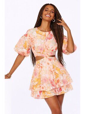 Hello Molly Floral Cutout Puff Sleeve Tiered Mini Dress Size 6